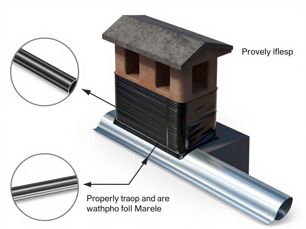 Schemat przygotowania do obróbki blacharskiej komina - wywinięcie membrany