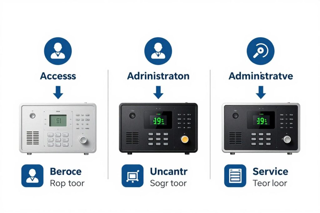 Schemat różnych poziomów dostępu w systemie domofonowym z kodami użytkownika, administratora i serwisowymi