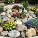 Skalniak z kamienia polnego w ogrodzie z kwitnącymi roślinami skalnymi