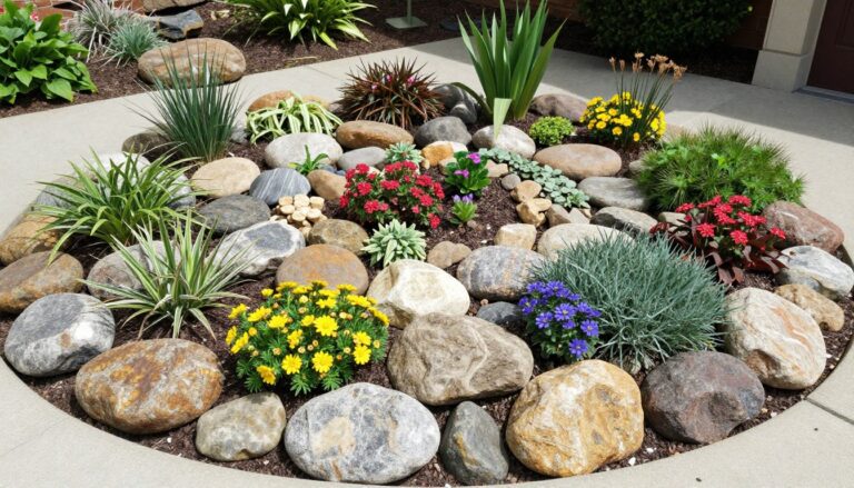 Skalniak z kamienia polnego w ogrodzie z kwitnącymi roślinami skalnymi