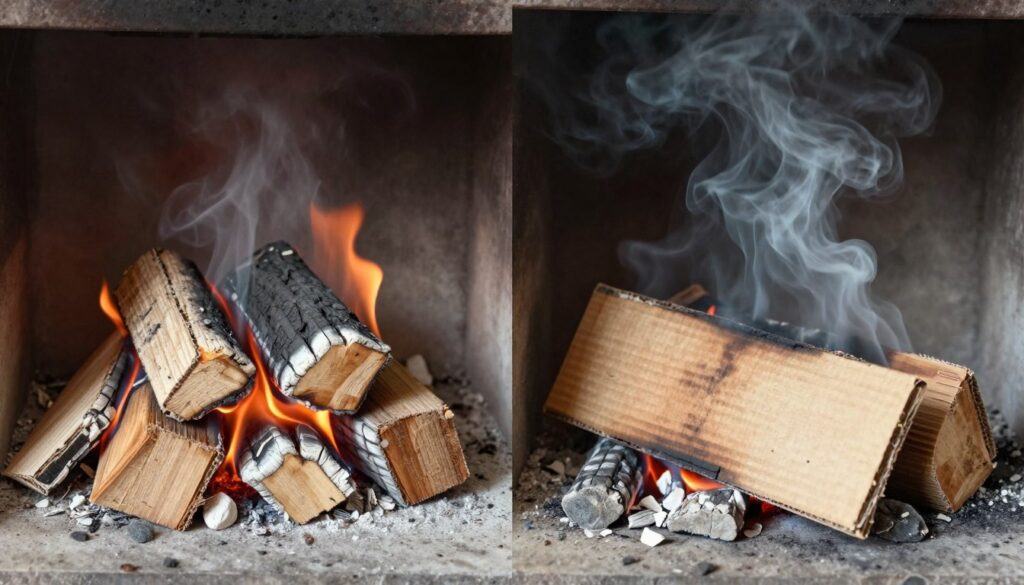 Spalanie brykietu z kartonu w piecu z widocznym dymem