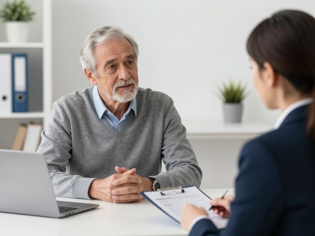 Starszy pracownik rozmawiający z pracodawcą o warunkach zakończenia pracy