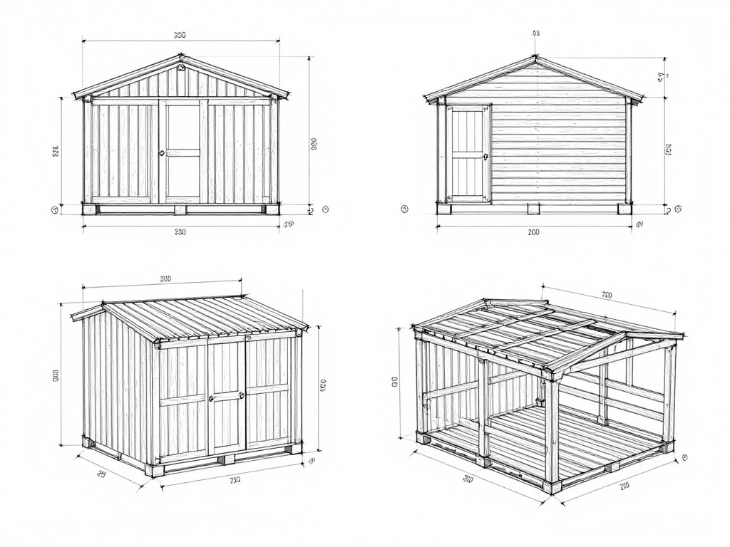 Szkic projektu drewutni z palet z wymiarami i oznaczeniami