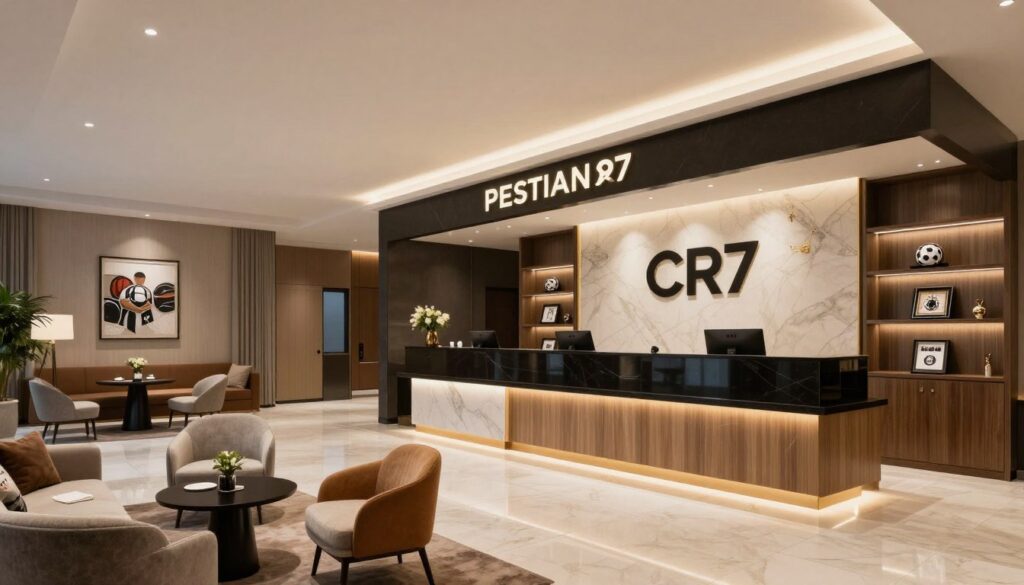 Wnętrze jednego z hoteli Pestana CR7 należących do Cristiano Ronaldo, z widocznym logo CR7