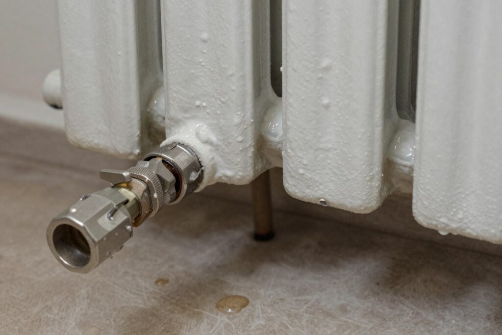 Wyciek wody z grzejnika żeliwnego z widocznymi miejscami potencjalnych nieszczelności