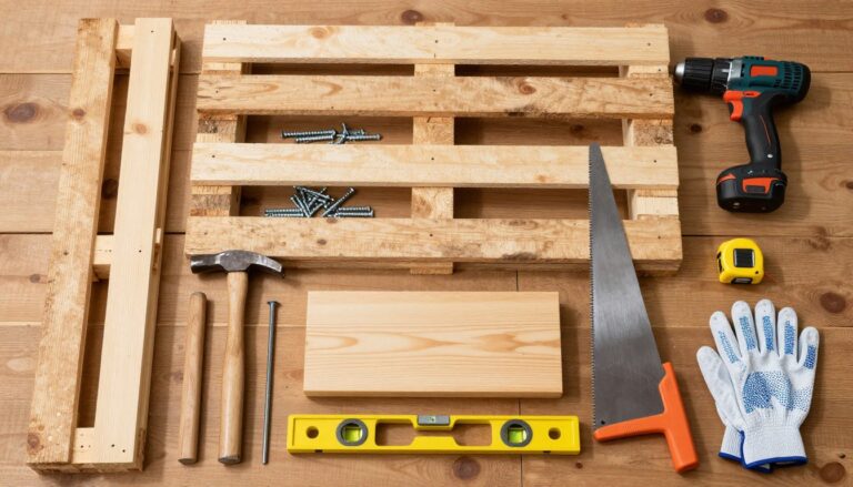 Zestaw narzędzi i materiałów potrzebnych do budowy drewutni z palet