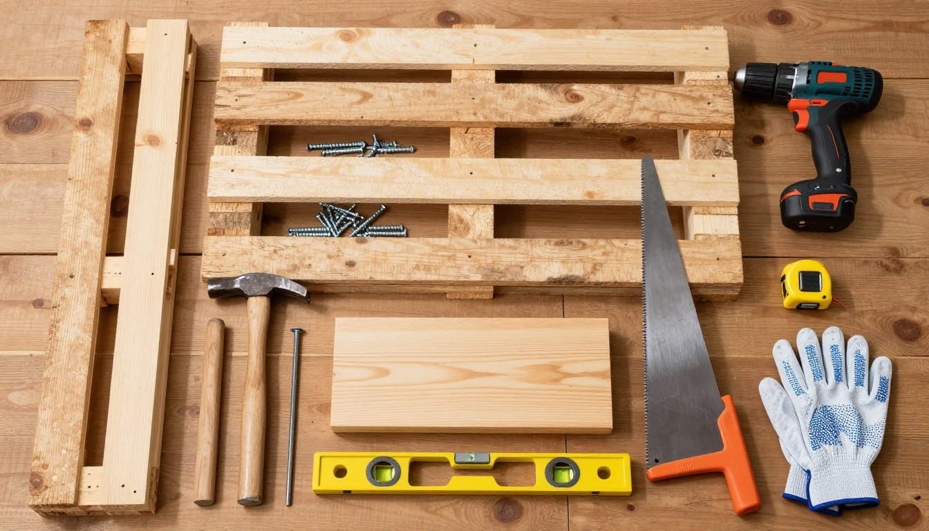 Zestaw narzędzi i materiałów potrzebnych do budowy drewutni z palet