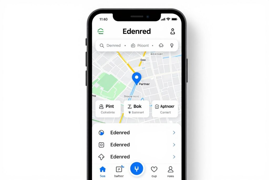 Aplikacja mobilna Edenred pokazująca listę sklepów partnerskich