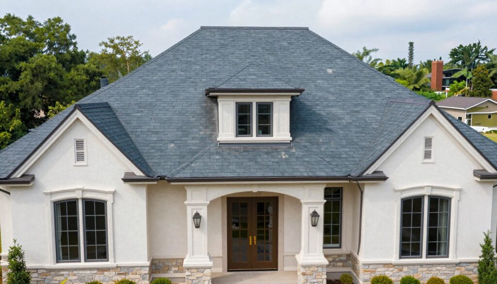 Elegancki dom pokryty sztucznym łupkiem dachowym