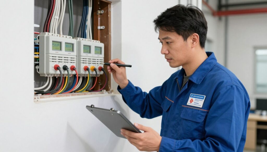 Elektryk z uprawnieniami SEP sprawdzający instalację elektryczną