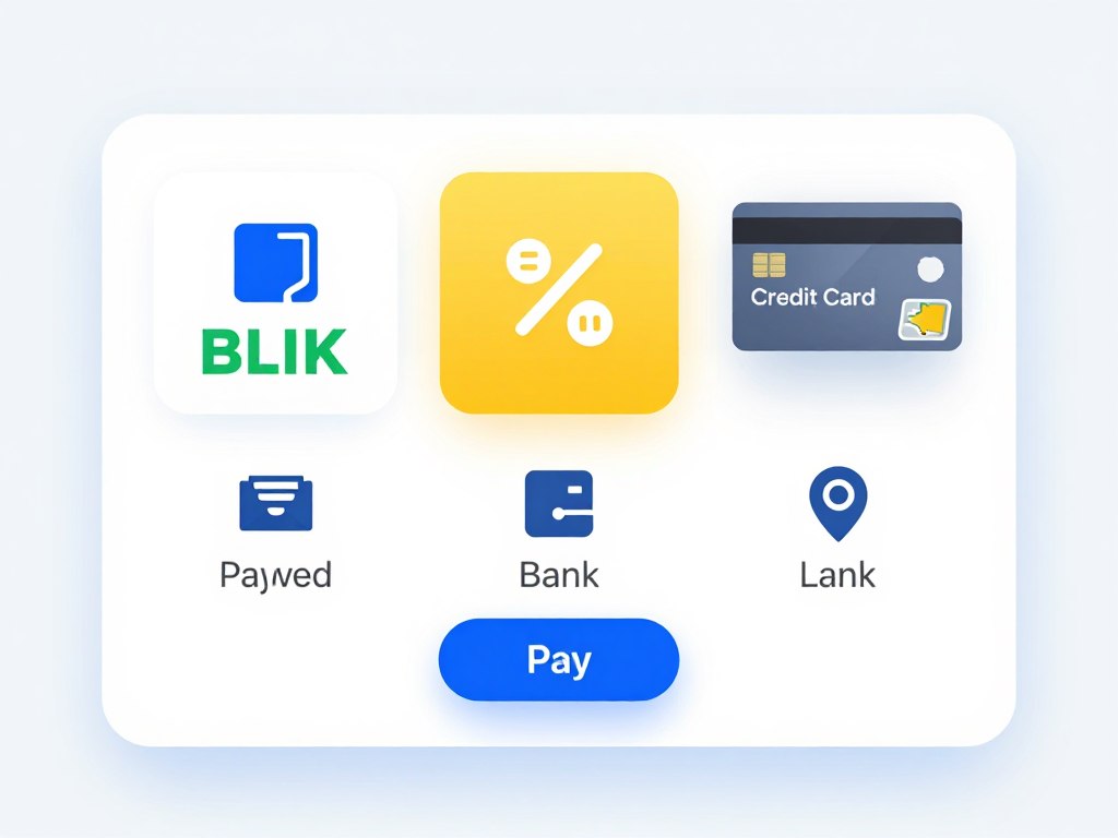 Interfejs bramki płatniczej z różnymi metodami płatności, w tym BLIK, karty płatnicze i przelewy bankowe