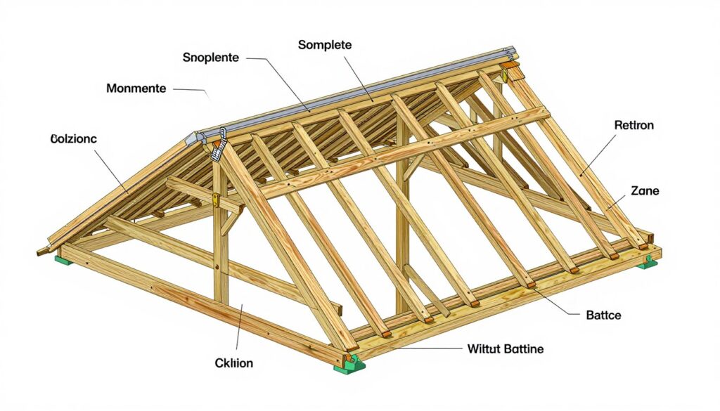 Kompletna konstrukcja dachu z zaznaczonymi elementami uzupełniającymi