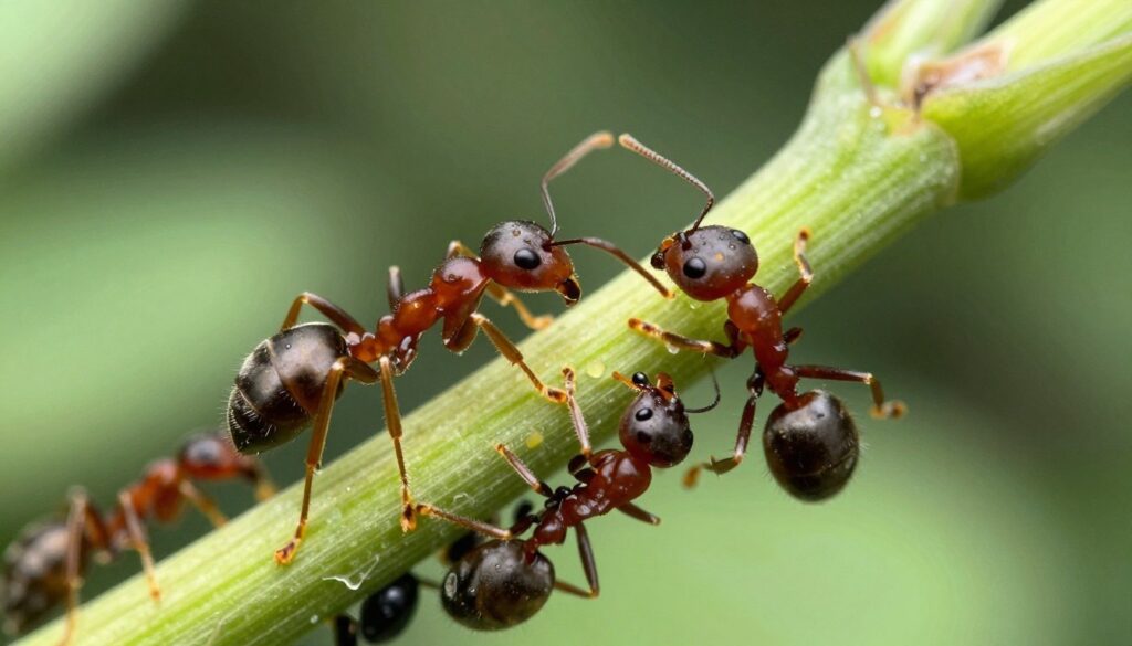 Mrówki hodujące mszyce na roślinie ogrodowej
