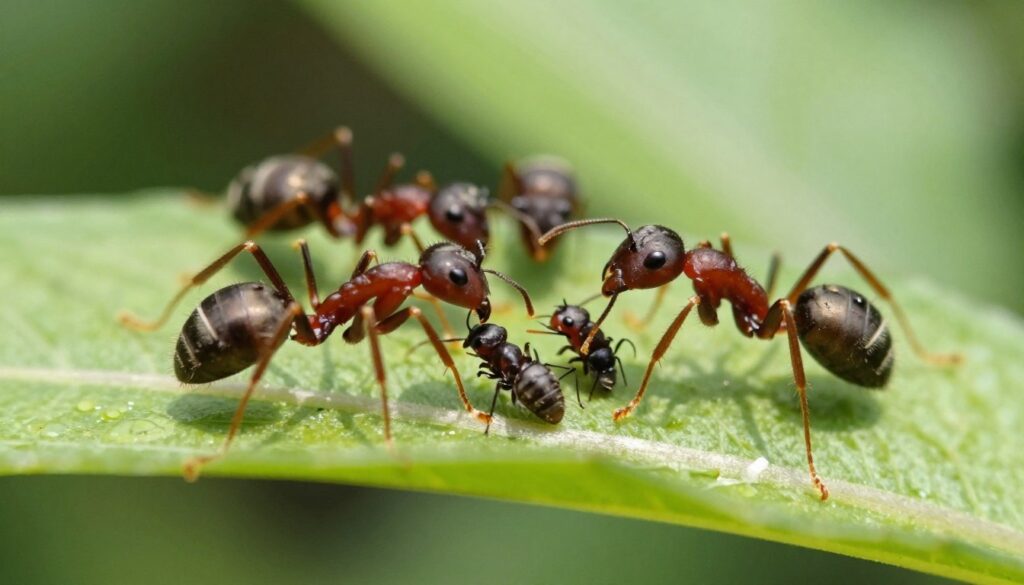 Mrówki polujące na mszyce na liściu rośliny, naturalny sposób zwalczania szkodników