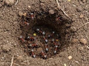 Mrówki spulchniające glebę w ogrodzie, widoczne tunele i komory mrówek pod powierzchnią ziemi