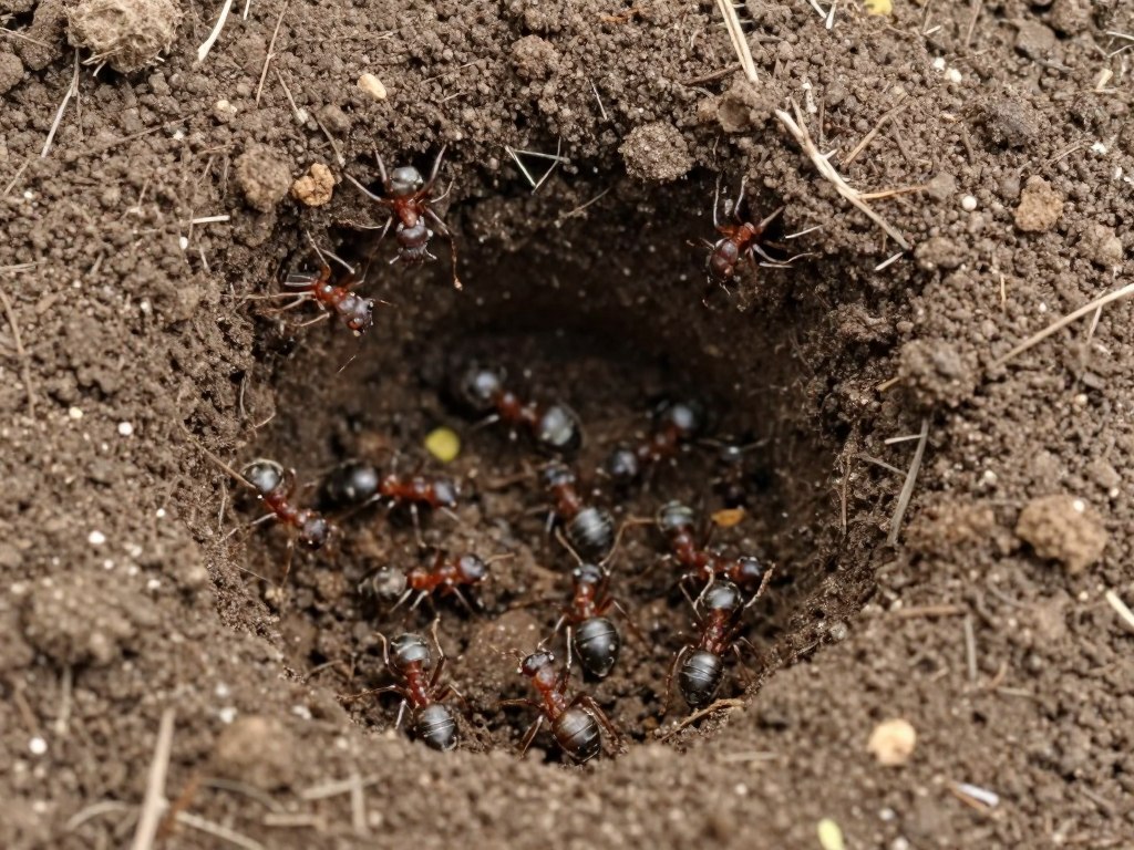 Mrówki spulchniające glebę w ogrodzie, widoczne tunele i komory mrówek pod powierzchnią ziemi