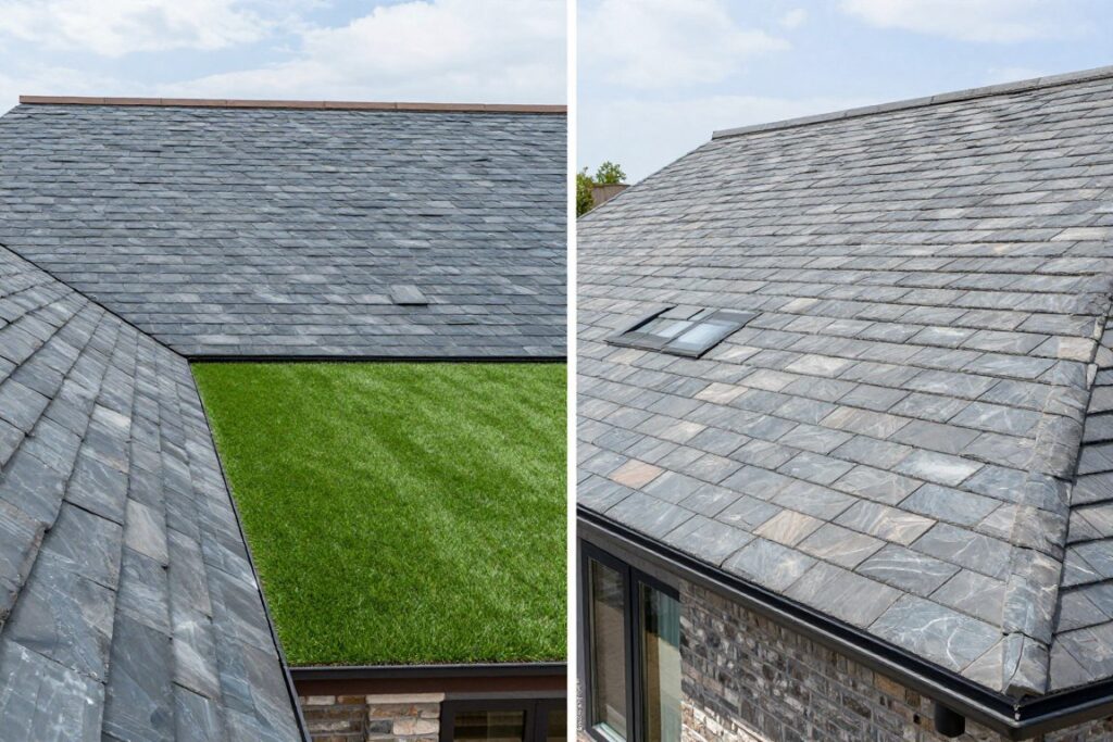 Porównanie dachu pokrytego sztucznym i naturalnym łupkiem dachowym