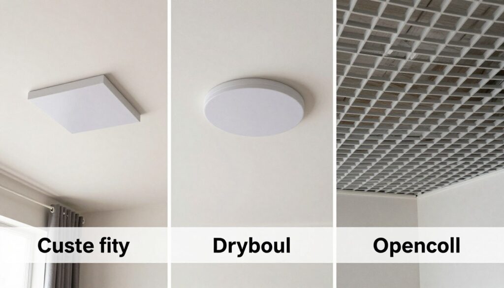 Porównanie różnych typów sufitów podwieszanych - kasetonowy, gipsowo-kartonowy i rastrowy