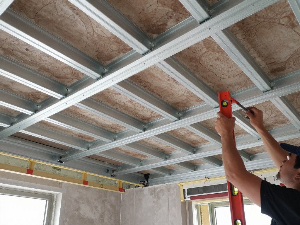Proces montażu sufitu podwieszanego kasetonowego - stelaż i profile
