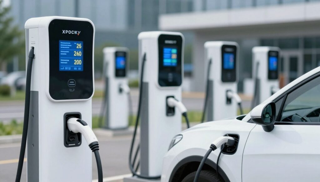 Publiczna stacja ładowania samochodów elektrycznych z podłączonym pojazdem i wyświetlaczem pokazującym koszt