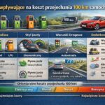 Różne czynniki wpływające na koszt przejechania 100 km samochodem, w tym rodzaj paliwa, styl jazdy i warunki drogowe