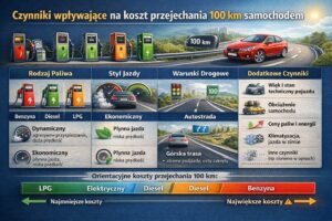 Różne czynniki wpływające na koszt przejechania 100 km samochodem, w tym rodzaj paliwa, styl jazdy i warunki drogowe