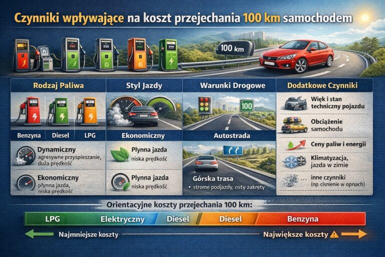 Różne czynniki wpływające na koszt przejechania 100 km samochodem, w tym rodzaj paliwa, styl jazdy i warunki drogowe