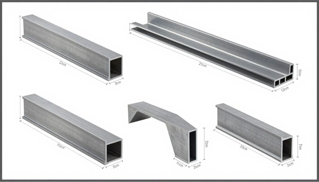 Różne profile stalowe z wymiarami przekrojów
