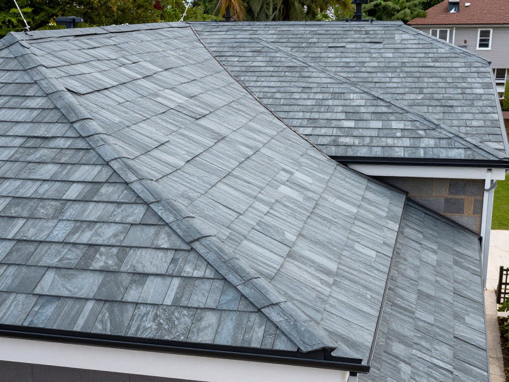 Różne rodzaje sztucznego łupka dachowego na dachu budynku