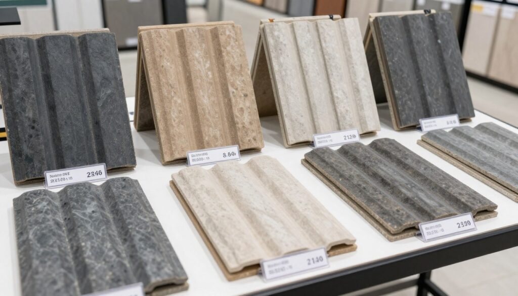 Różne rodzaje sztucznego łupka dachowego z oznaczeniami cenowymi