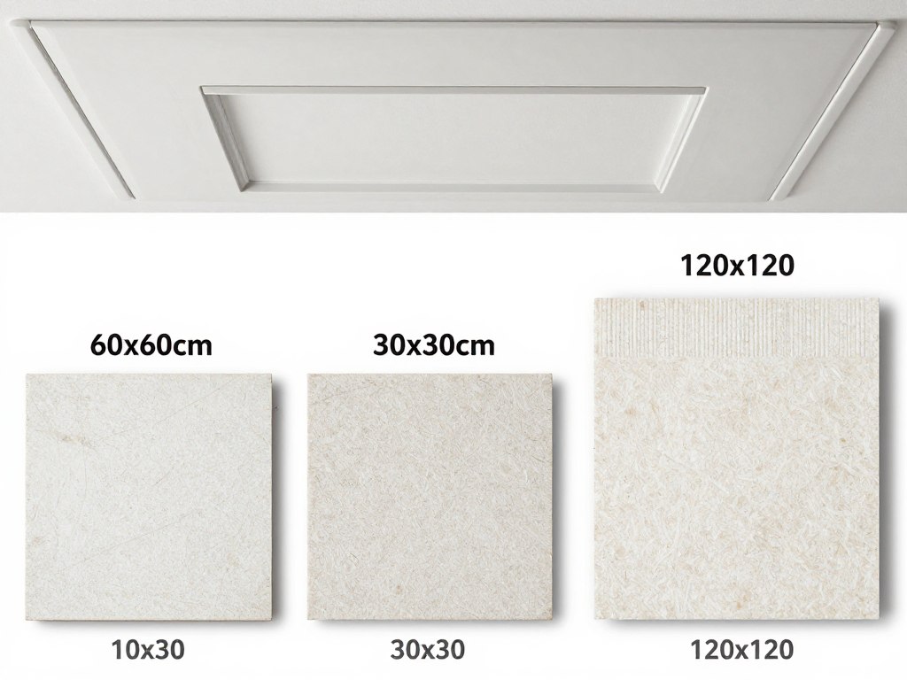 Różne wymiary kasetonów sufitowych - porównanie 60x60 cm, 30x30 cm i 120x120 cm