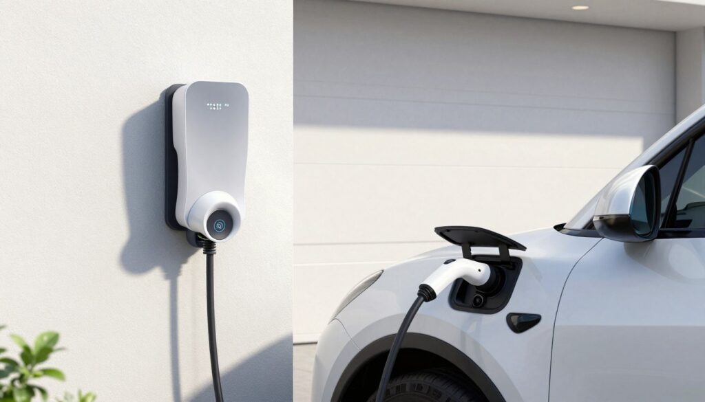 Samochód elektryczny ładowany w domu za pomocą wallboxa, pokazujący proces ładowania