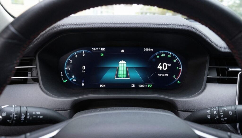 Samochód hybrydowy z widocznym wskaźnikiem zużycia paliwa na desce rozdzielczej