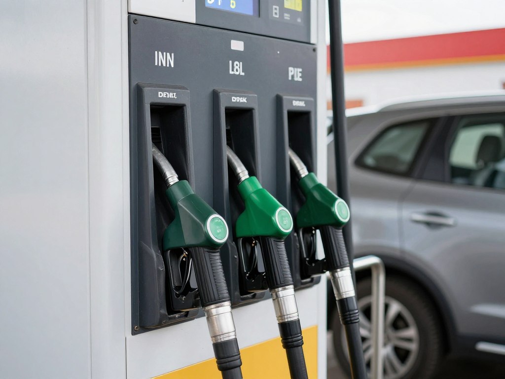 Samochód z silnikiem Diesla podczas tankowania, pokazujący dystrybutor z olejem napędowym