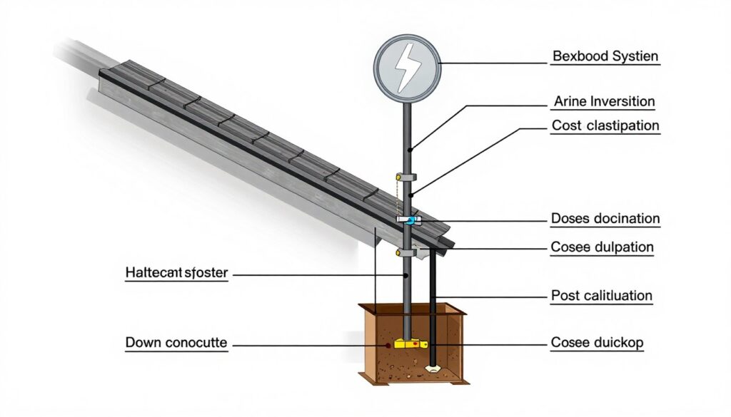 Schemat instalacji odgromowej z oznaczonymi elementami do kalkulacji kosztów