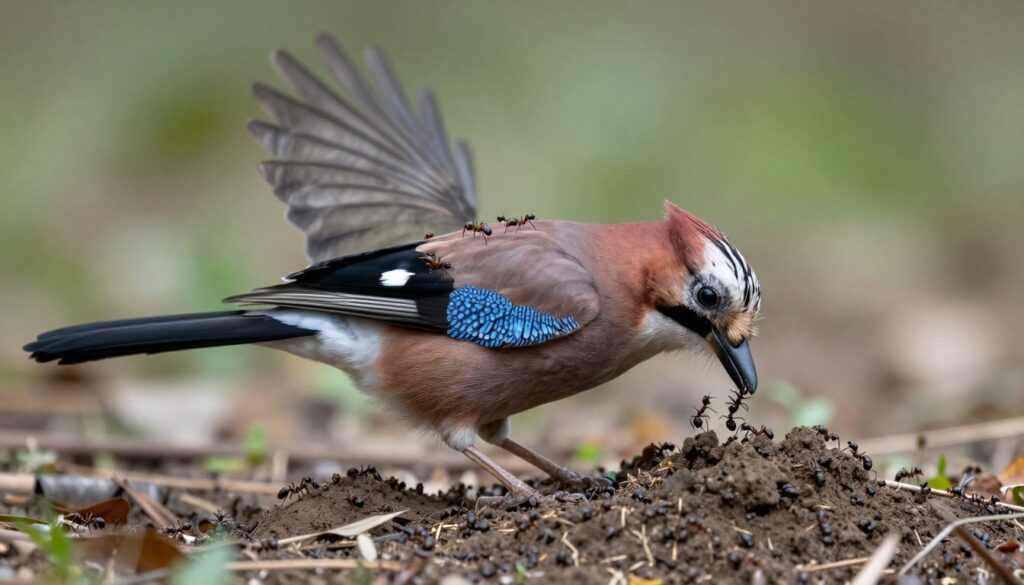 Sójka wykorzystująca mrówki do czyszczenia piór z pasożytów