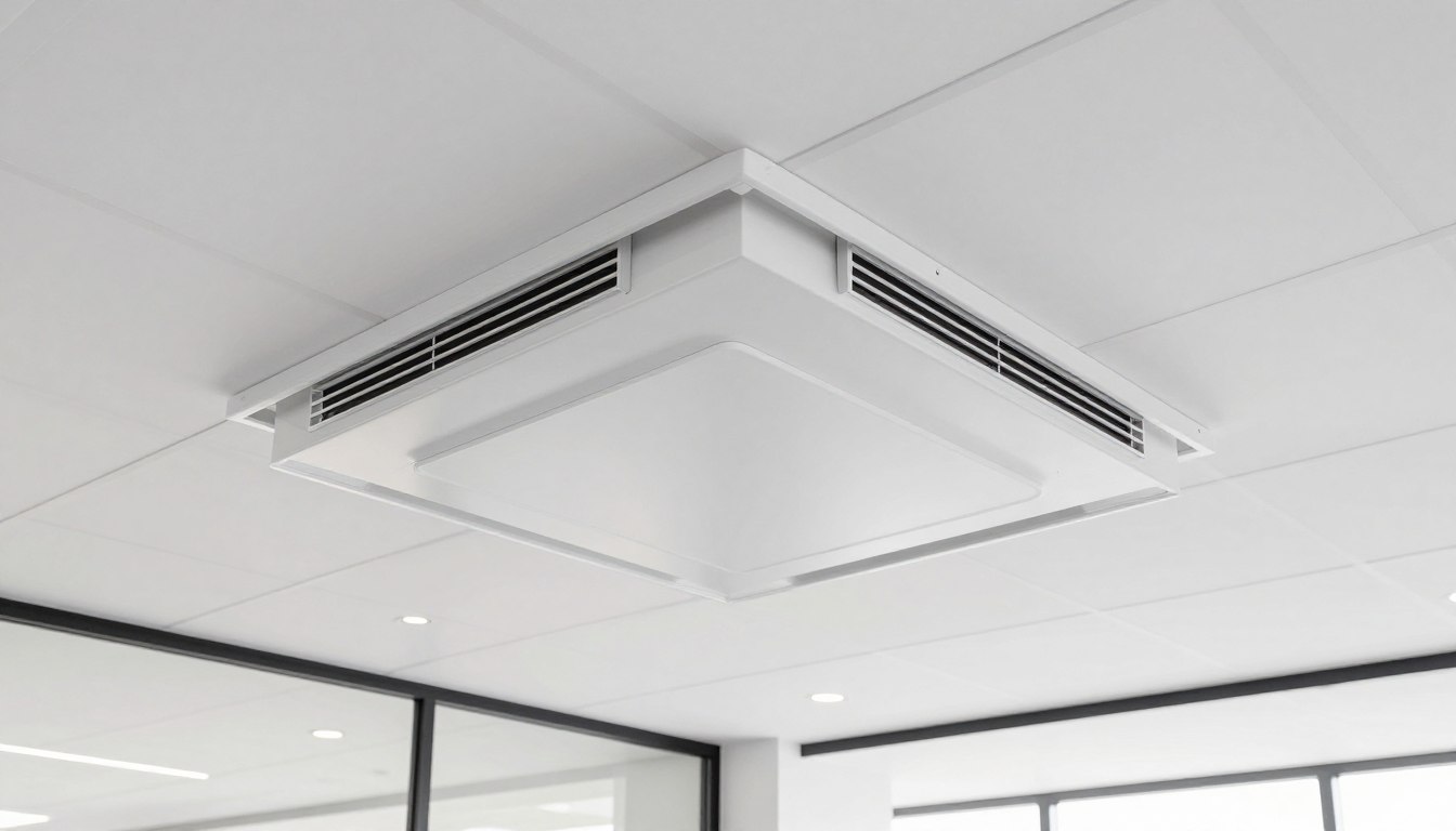 Sufit podwieszany kasetonowy w nowoczesnym wnętrzu biurowym