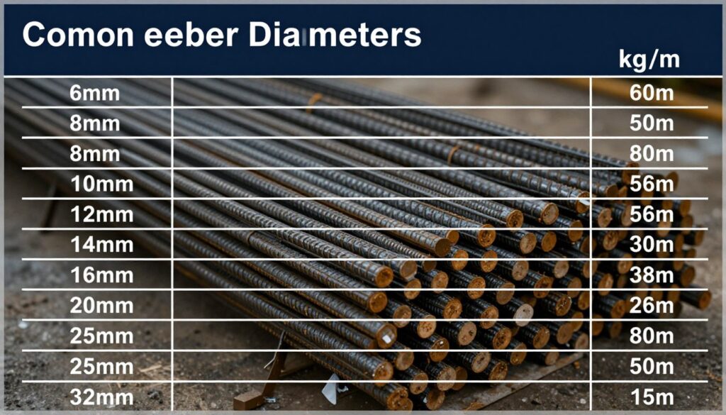 Tabela z typowymi średnicami prętów zbrojeniowych i ich masą na metr