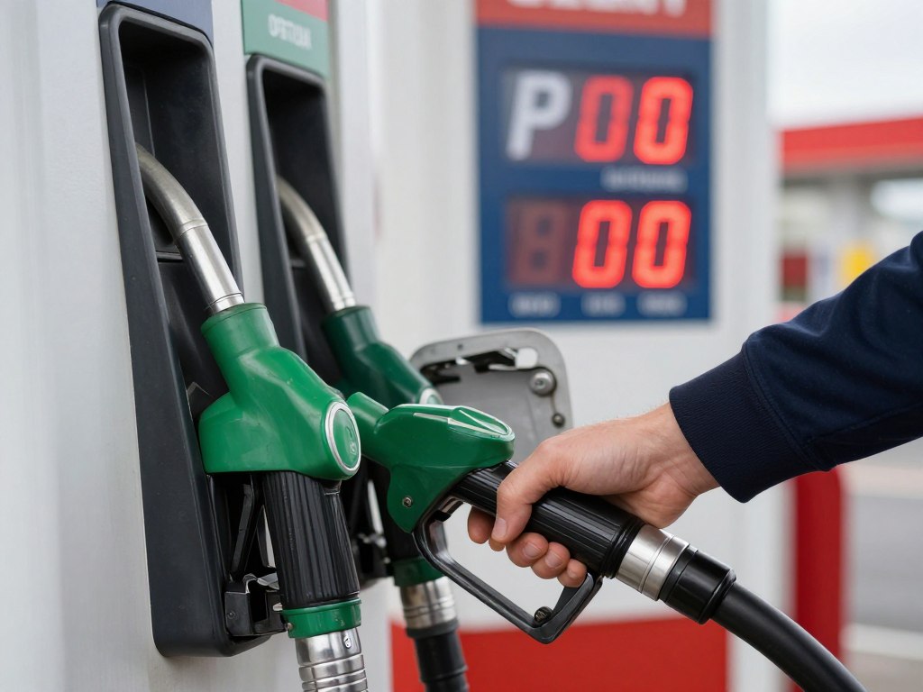 Tankowanie samochodu benzynowego na stacji paliw, pokazujące aktualne ceny benzyny w Polsce