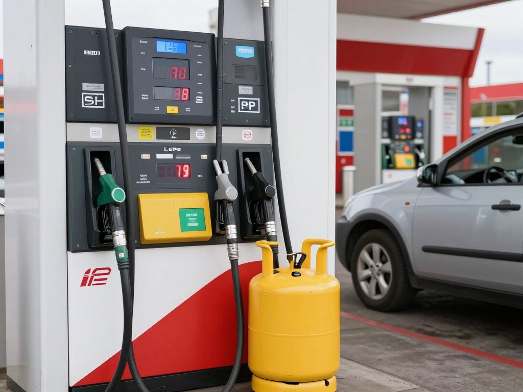 Tankowanie samochodu gazem LPG na stacji paliw, pokazujące niższe ceny w porównaniu do benzyny