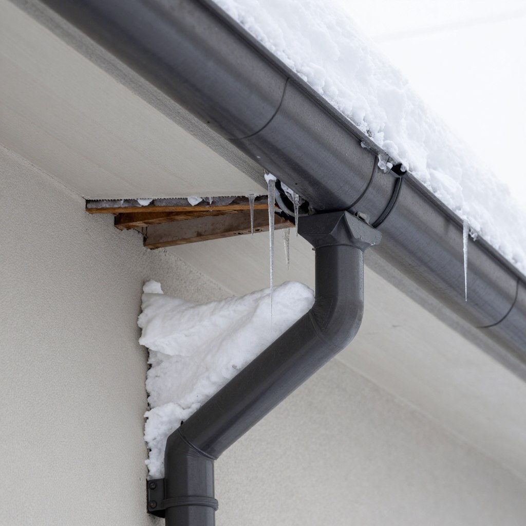 Uszkodzenie rynny na skutek obciążenia śniegiem przy zbyt dużym rozstawie uchwytów