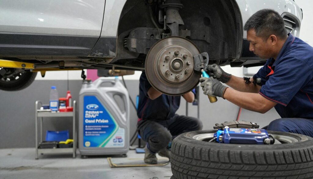 Warsztat samochodowy podczas przeglądu technicznego pojazdu, pokazujący różne elementy eksploatacyjne