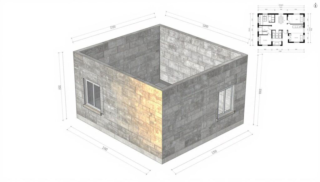 Wizualizacja domu 100m² z zaznaczonymi ścianami z pustaków