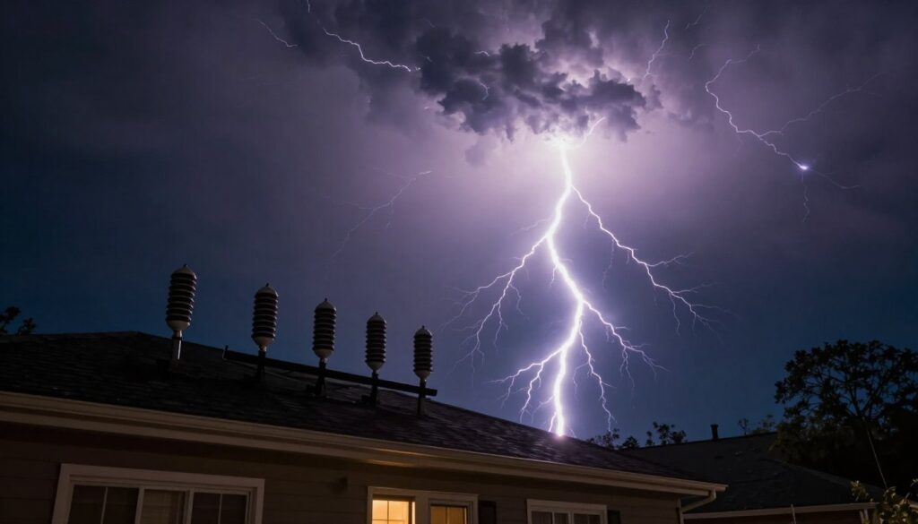 Wyładowanie atmosferyczne nad domem z instalacją odgromową