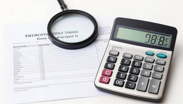 Kalkulator, rachunek za prąd i piekarnik elektryczny pokazujący obliczenia kosztów godziny pieczenia