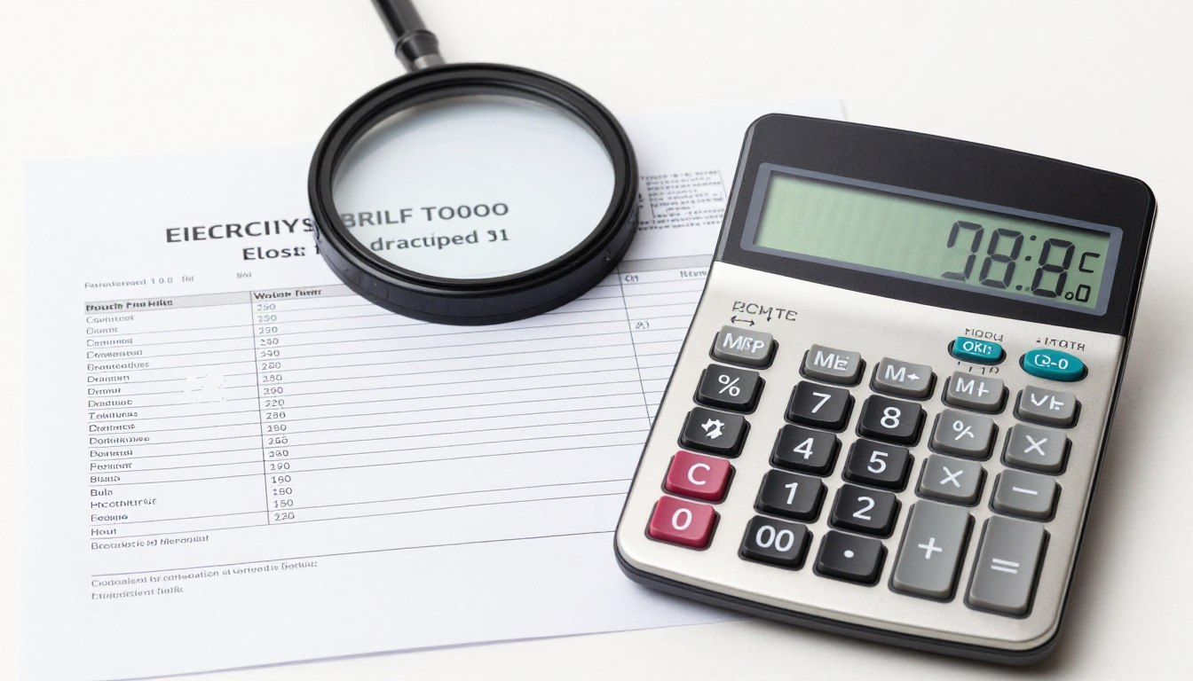 Kalkulator, rachunek za prąd i piekarnik elektryczny pokazujący obliczenia kosztów godziny pieczenia