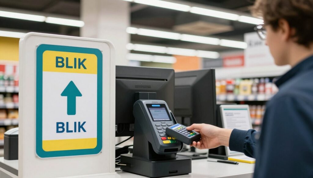 Kasa w sklepie Biedronka z oznaczeniem akceptacji płatności BLIK