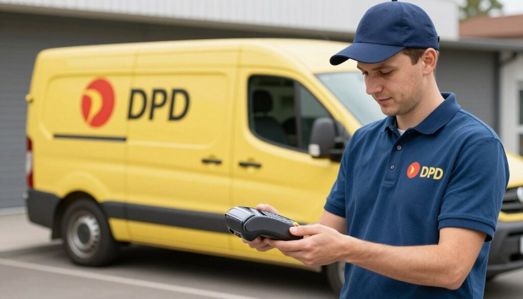 Kurier DPD z terminalem płatniczym obsługujący płatność kartą