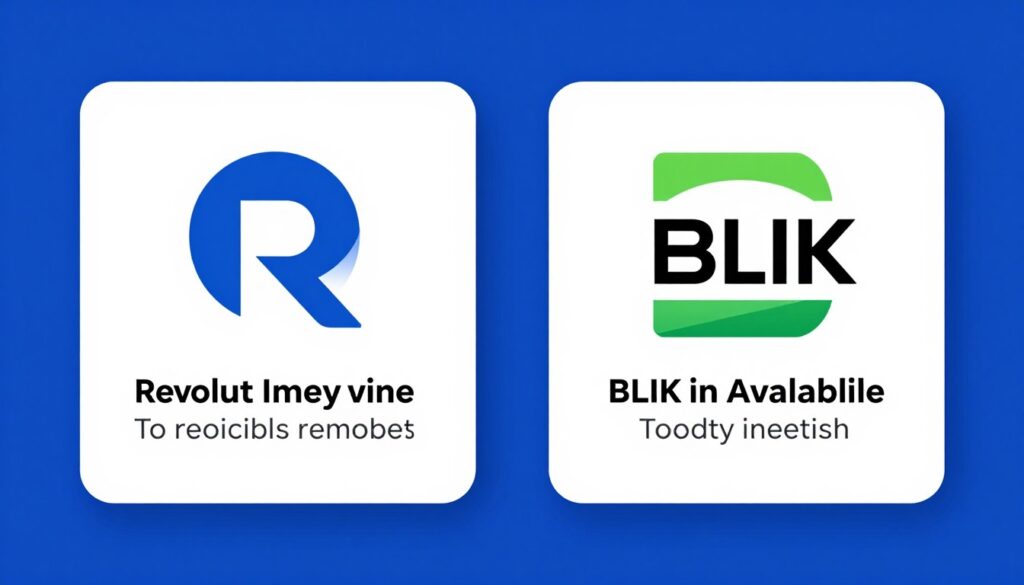 Logo Revolut i BLIK obok siebie z informacją o dostępności BLIK w Revolut
