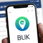 Logo systemu płatności BLIK na tle smartfona z aplikacją bankową